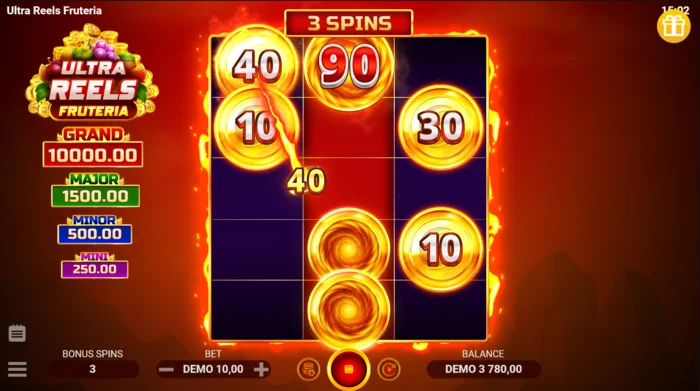 Ultra Reels Fruteria - Bonus-Bildschirm mit drei Spins und Sammler